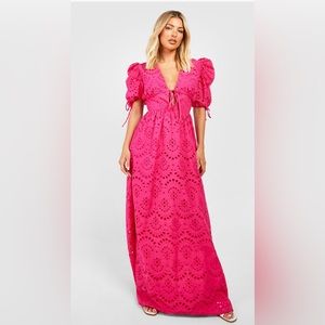 Eyelet Puff Sleeve Tie Front Maxi Dress